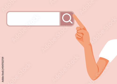 Hand Pointing to a Search Bar Vector Cartoon Illustration. person is browsing the internet in user interface

