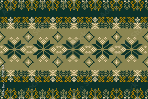 Traditional Ukrainian cross-stitch Detailed vector Illustration for textile printing design, on pixels pastel tones