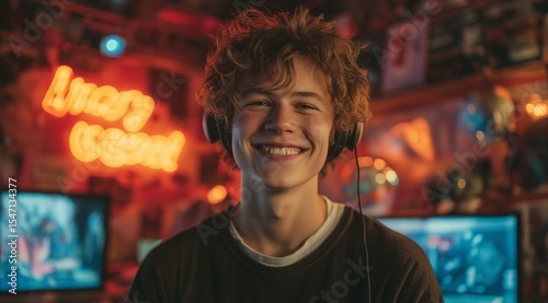 Portrait of a joyful male gamer and content creator smiling, wearing headphones in his room with warm neon lights and multiple monitors