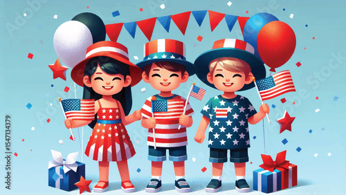 Children in Red, White, and Blue, Three children holding mini American flags