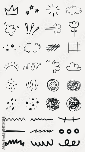 Collection of hand-drawn doodles, featuring stars, clouds, and abstract shapes. Doodles include stars, clouds, and playful abstract shapes in black ink. Black hand drawn elements, vector set.