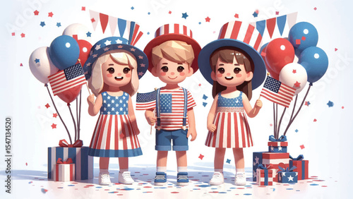 Children in Red, White, and Blue, Three children holding mini-American flags
