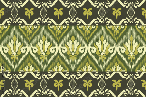 Ikat seamless floral pattern on yellow blue tone , Motif ethnic floral seamless textil, embroidery, print striped ornament floral, pattern, design for wrapping, silk, scarf, background, text
