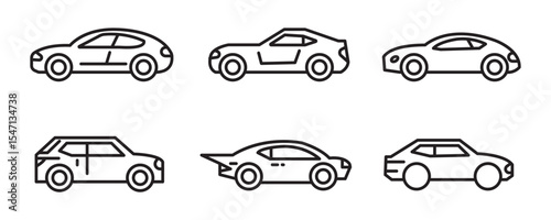 Cars line icons set, different vector car types linear silhouettes, car logo deign templates
