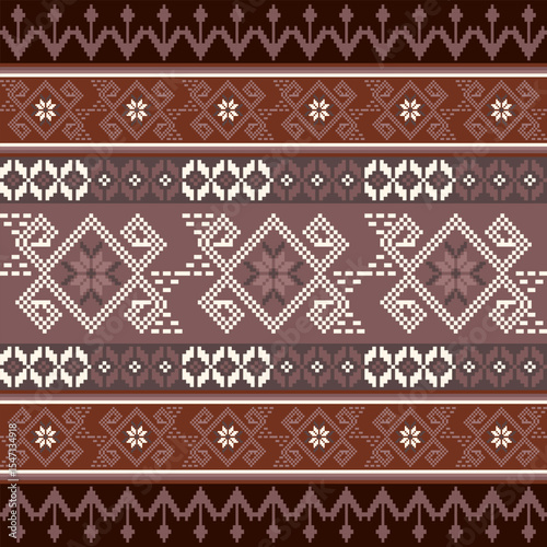 Geometric pixelated textile design with ethnic ornamental motifs