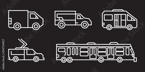 Line art illustrations of various types of vehicles including cars, trucks, and buses in a minimalist style suitable for design projects