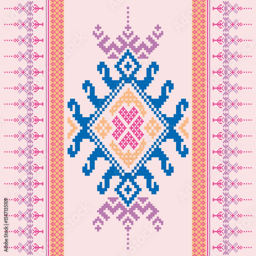 Geometric pixelated textile design with ethnic ornamental motifs