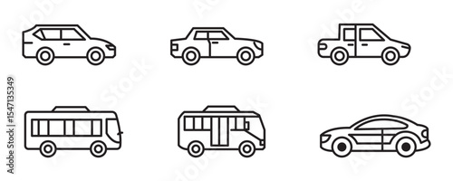 Car icon set. Simple and detailed auto symbol in different styles. Automobile vector illustration. Vehicle sign. Sedan silhouette. Black car graphic design concept.