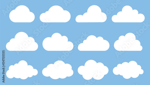 Set of white cloud icons. Various cloud shapes, cloud patterns, cloud designs, perfect for weather or sky themes. Weather illustration, vector set.