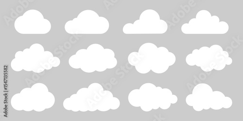 Set of white cloud icons. Various cloud shapes, cloud patterns, cloud designs, perfect for weather or sky themes. Weather illustration, vector set.