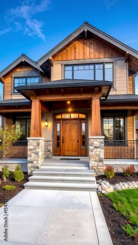 Elegant two story home showcasing detailed wooden facade and stone columns against a bright blue sky providing attractive curb appeal.