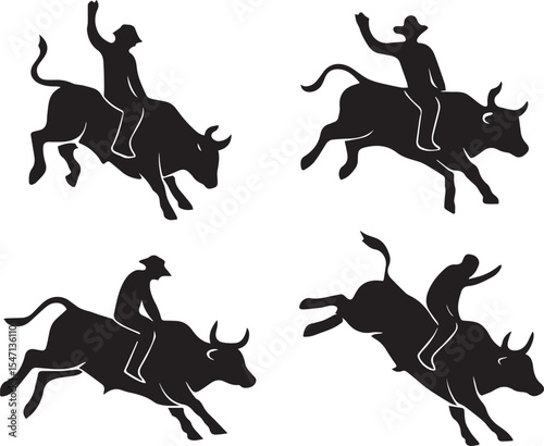 Bull Riding Rodeo Action Silhouette Vector Set
