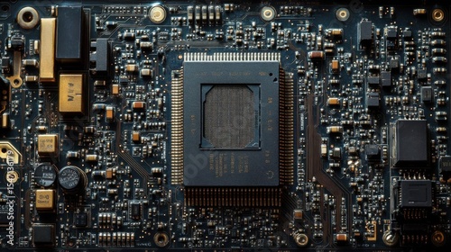 Close-up of electronic circuit board with processor. Technology background.