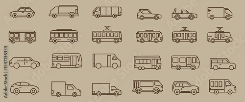 Car icon set in linear style. Transport symbol. Vector illustration . Car line icons set.