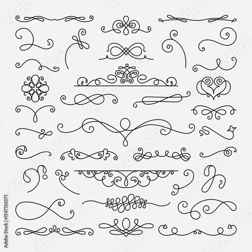 Elegant swirl dividers in black, featuring various decorative swirls, curls, and lines. Swirl designs perfect for invitations, borders, and decorative accents. Hand drawn ornament vector set.