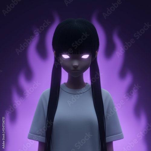 A 3D render of a serious anime girl with long pigtails and intense glowing eyes, set against a background of purple flames. Dark fantasy aesthetic