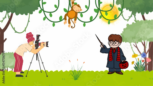 boy and girl shooting in jungle