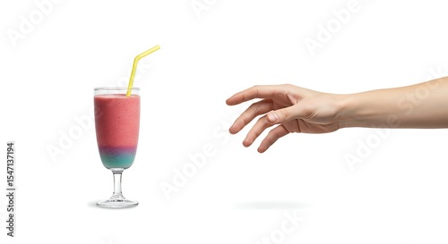 Reaching for a Colorful Layered Smoothie in Glass with Straw Isolated on White Background