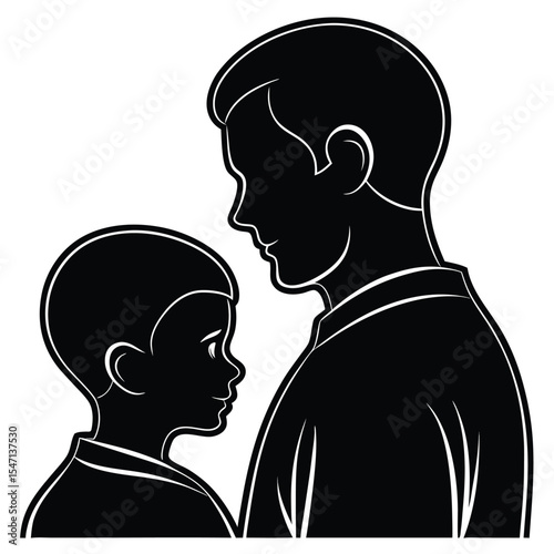 Black Silhouette Father Son Close Up Minimalist Art Monochrome Family Portrait vector