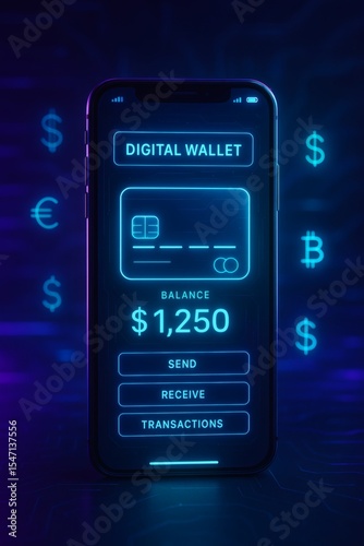 Futuristic Digital Wallet UI on Smartphone with Neon Cyberpunk Interface and Currency Icons, Mobile Finance and Cryptocurrency Concept in 4K