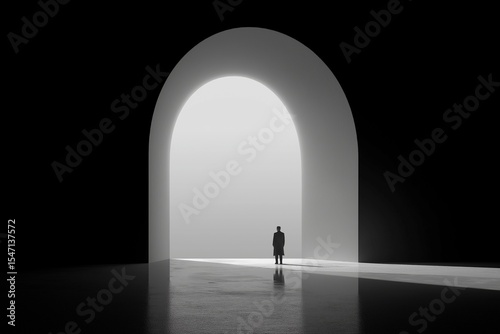A lone man's silhouette stands before a massive, glowing arched doorway in a dark space. A concept of future, choice, and the unknown