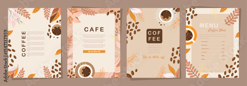 Set of banners with coffee beans and leaves on minimal background for invitations, cards, banner, poster, cover, cafe menu or another template design. vector illustration.