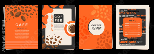 Set of cover, banners with coffee beans and cup on minimal background for invitations, cards, banner, poster, cover, cafe menu or another template design. vector illustration.