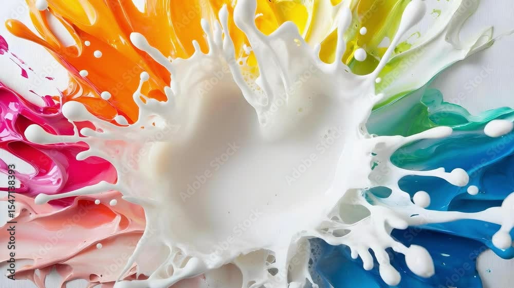 A splash of white liquid surrounded by colorful paint splatters, resembling a heart shape at the center.