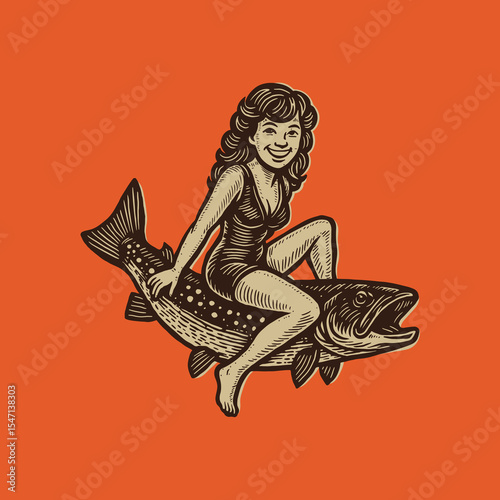 Retro Pin-Up Woman Riding Fish, Vintage Fishing Illustration, Whimsical Tackle Art