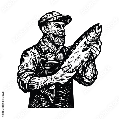 Vintage Fisherman Holding Trout, Retro Fishing Woodcut Style, Hand Drawn Fishman Illustration