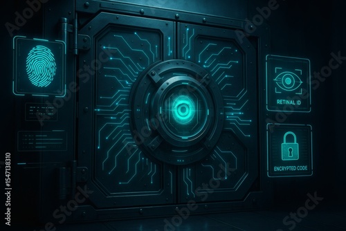 Futuristic Digital Bank Vault with Biometric Security Interface and Encrypted Access HUD, Sci-Fi Technology Concept