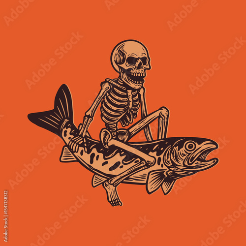 Skull Skeleton Riding Trout Fish, Halloween Fishing Rider, Dark Humor Retro Illustration