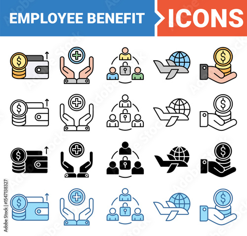 Employee benefits banner icon set with multiple style collection.