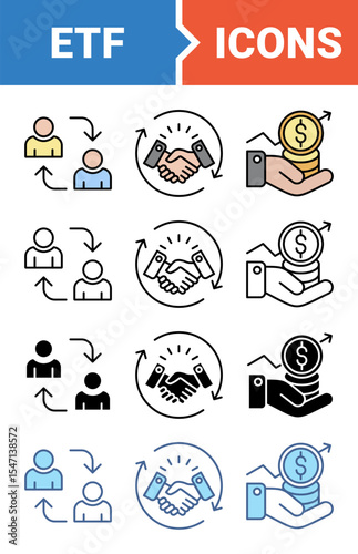Exchange Traded Funds Stock Market Investment banner icon set with multiple style collection.