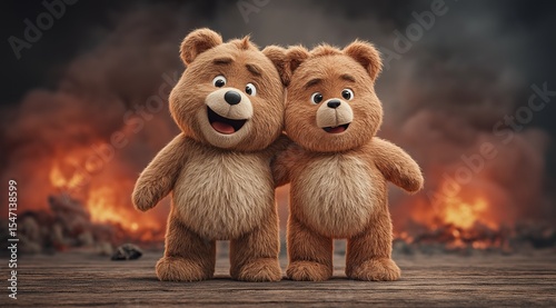 A surreal and humorous concept of two calm teddy bear friends with their arms around each other, standing before a chaotic background of fire and destruction