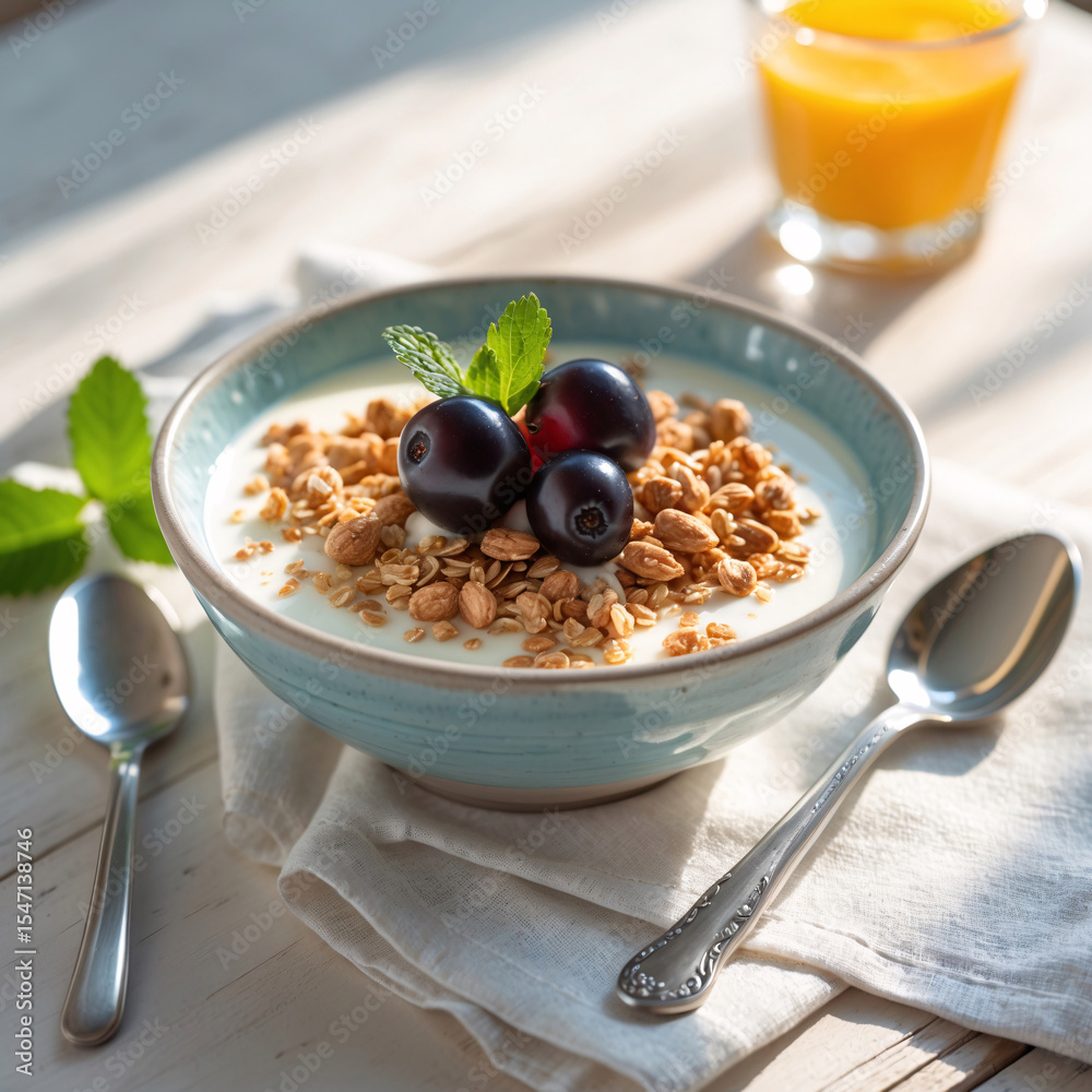 healthy breakfast granola with black currants and citrus juice placed on minimal clean white tabletop in soft morning natural light food photography wallpaper background healthy breakfast granola with black currants and citrus juice placed on minimal clean white tabletop in soft morning natural light food photography wallpaper background