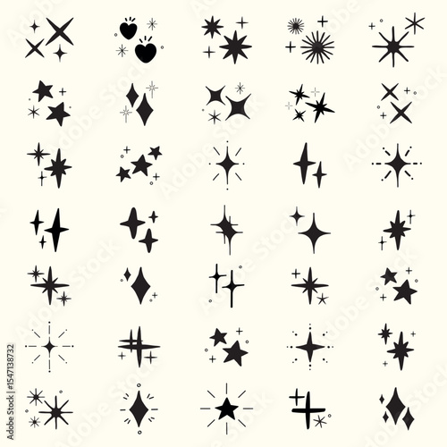 Collection of black starburst and sparkle icons. Starburst icons vary in shape and size. Sparkle icons are bold and dynamic. Perfect for design projects. Element vector set.
