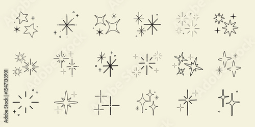 Collection of sparkling star doodles. Star doodles in various shapes. Sparkling elements for creative designs. Star doodles perfect for decoration. Element vector set.