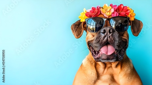 Boxer dog, Dog, Puppy, Happy Boxer Dog Wearing Sunglasses and Flower Crown