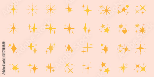 A collection of yellow star and sparkle icons on a grid background. Various star shapes and sparkles. Decorative yellow icons for design. Star and sparkle motifs. Element vector set.