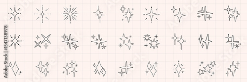 Collection of sparkling star doodles. Star doodles in various shapes. Sparkling elements for creative designs. Star doodles perfect for decoration. Element vector set.
