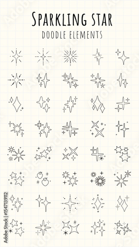 Collection of sparkling star doodles. Star doodles in various shapes. Sparkling elements for creative designs. Star doodles perfect for decoration. Element vector set.