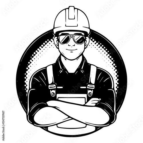 Construction worker in a helmet and sunglasses