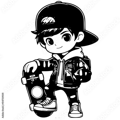 Boy with skateboard isolated on white