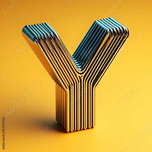 3d typography of the letter Y, on a yellow background, chrome shiny texture