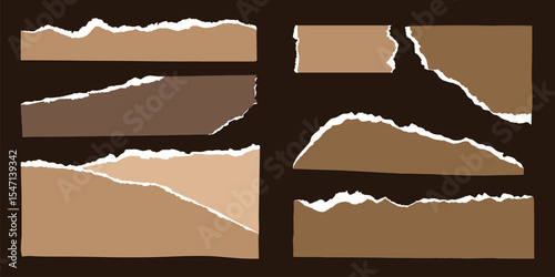 Various torn paper shapes in shades of brown on a grid background. Torn paper includes rectangles, circles, and stars. Torn edges create a textured look. Brown element vector set.