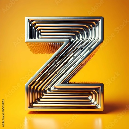 3d typography of the letter Z, on a yellow background, chrome shiny texture