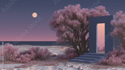 A dreamlike landscape with a glowing portal, pink trees, and a full moon over the ocean. Fantasy, mystery, and surrealism concept