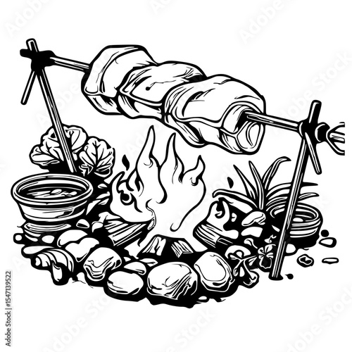 Meat skewers on campfire