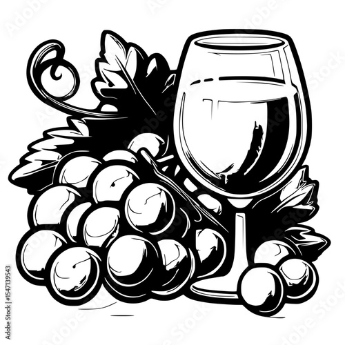 Wine glass and grapes isolated on white background